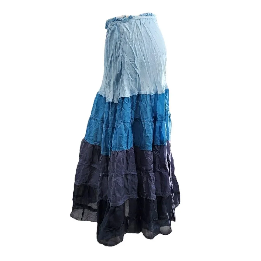 Chan Luu Silk Tiered Midi Peasant Skirt Prairie Cottagecore Fairycore Colorblock